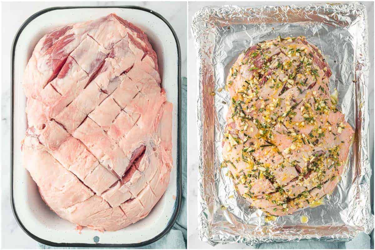 Scored boneless lamb before and after the garlic and herb marinade is added.