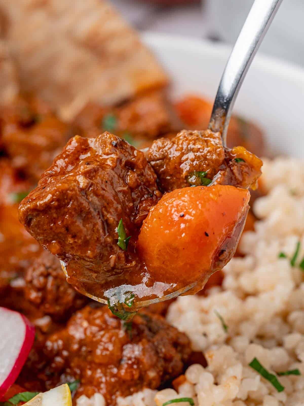 Spoonful of tender beef and carrot coated in tomato sauce.