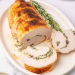Stuffed Turkey Roll sliced to show the creamy spinach and olive filling.