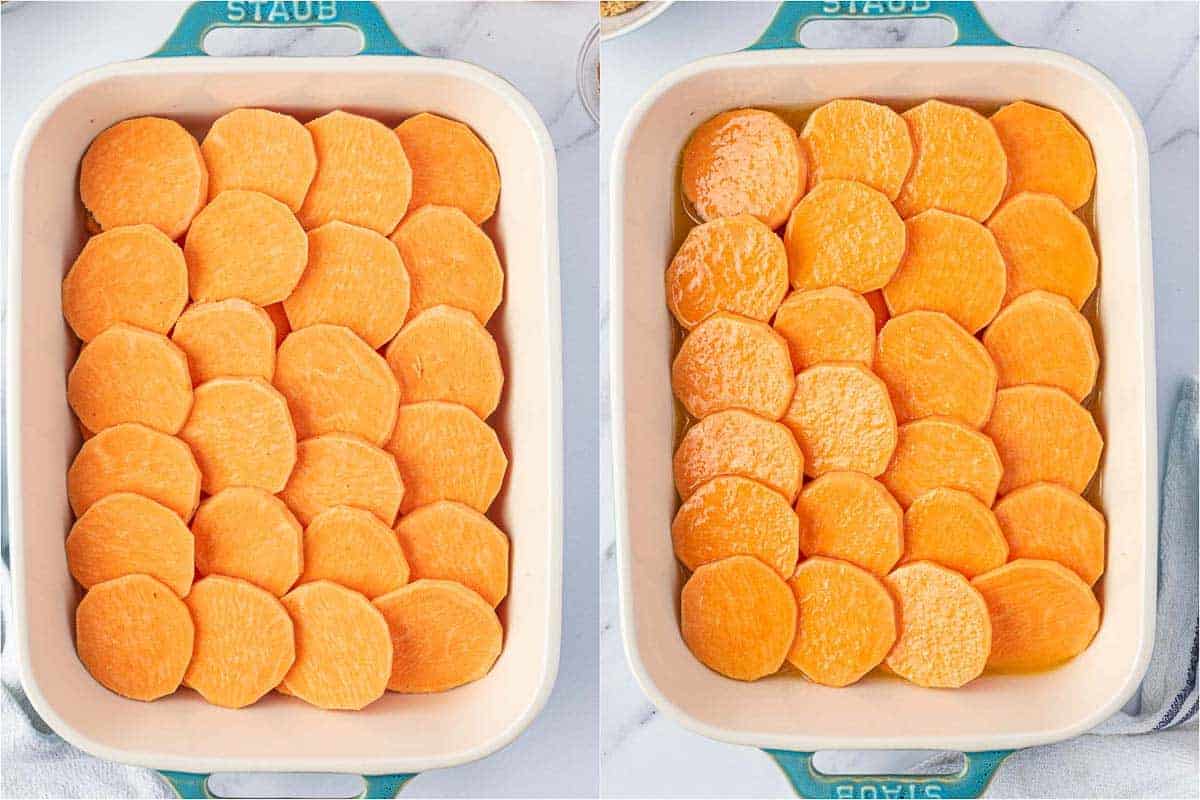 Sliced sweet potatoes before and after the butter, orange juice and maple syrup mixture is poured over them.