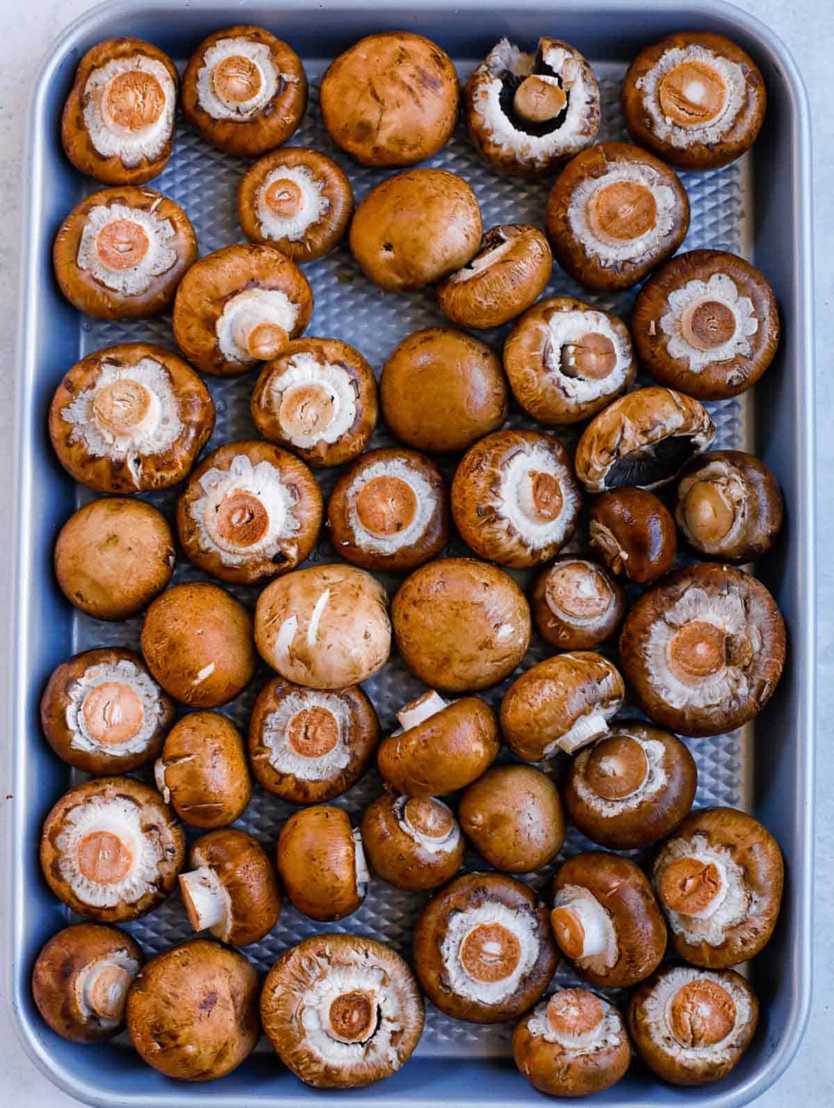 Rinsed whole baby bella mushrooms arranged on a sheet pan.